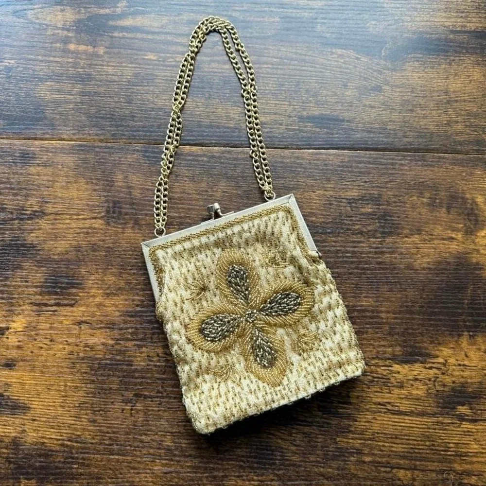 Vintage Gold Beaded Evening Bag Chain Strap Elegant Floral Unique